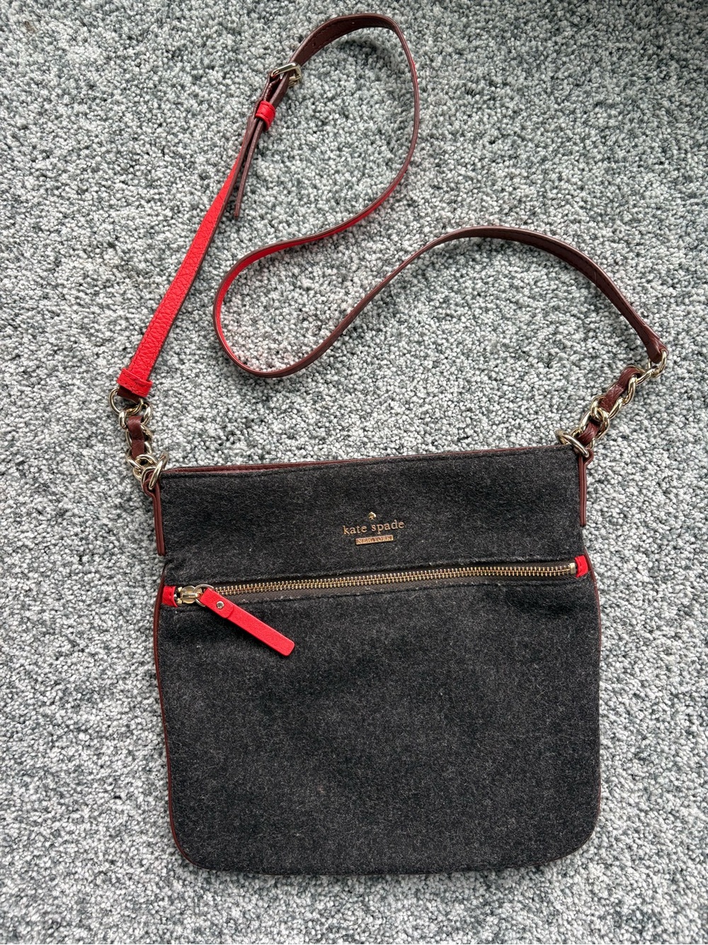 kate spade black wool crossbody with red trim